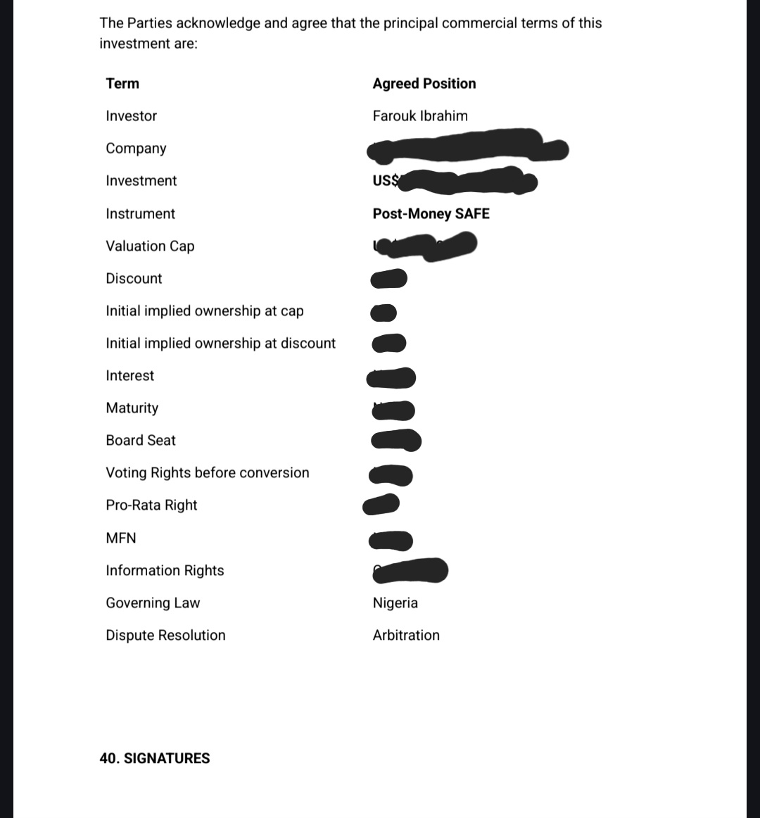 A signed term sheet, commercial details redacted
